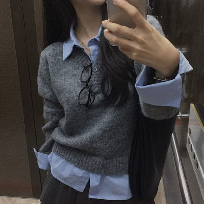 Collar Henley Sweater with Mock Two-Piece Style