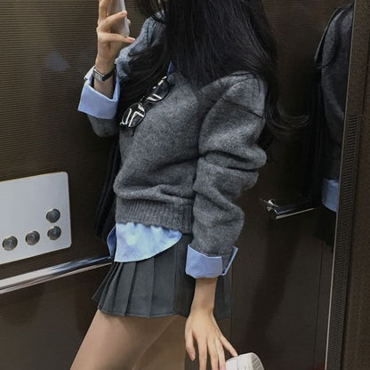 Collar Henley Sweater with Mock Two-Piece Style