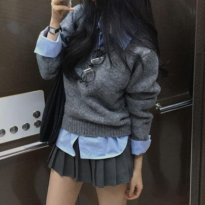 Collar Henley Sweater with Mock Two-Piece Style