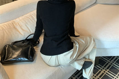 Hooded Knit Top with Turtleneck and Long Sleeves