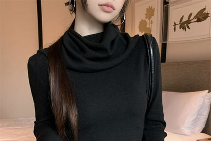 Hooded Knit Top with Turtleneck and Long Sleeves