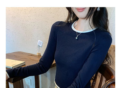 Two-Piece Style Cropped Knit Top with Round Neck and Long Sleeves