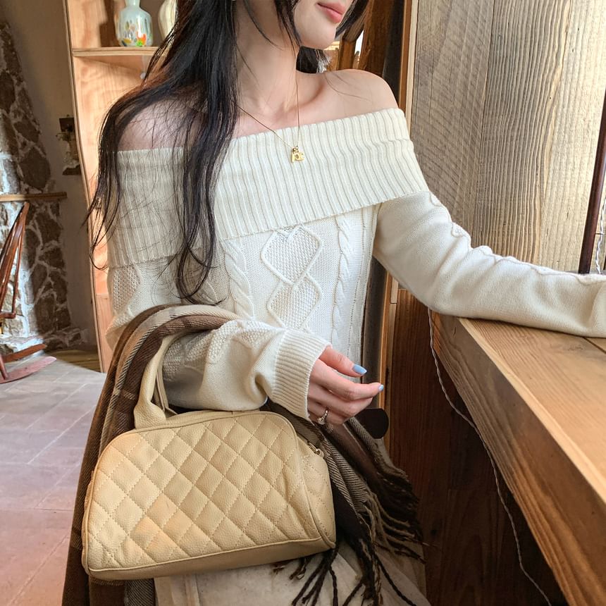 Off-Shoulder Cable Knit Pullover with Long Sleeves