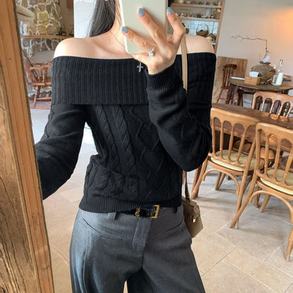 Off-Shoulder Cable Knit Pullover with Long Sleeves