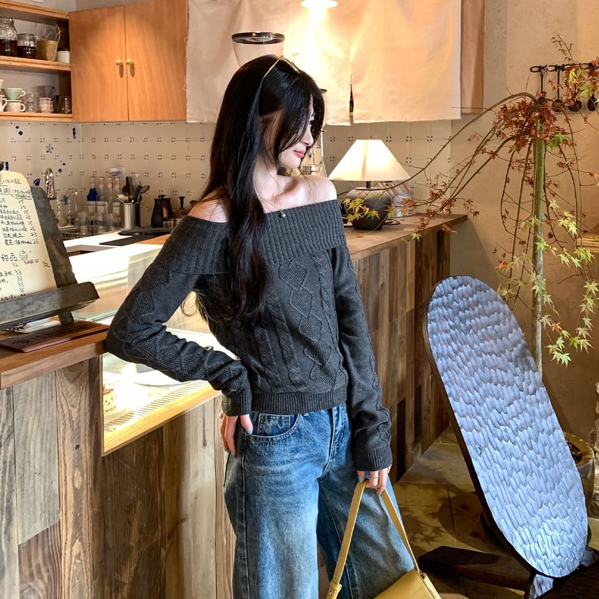 Off-Shoulder Cable Knit Pullover with Long Sleeves