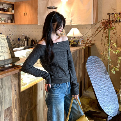 Off-Shoulder Cable Knit Pullover with Long Sleeves