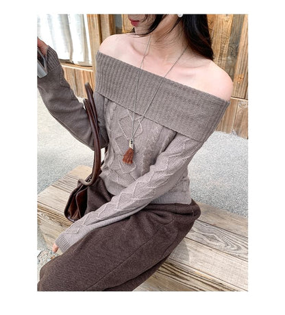Off-Shoulder Cable Knit Pullover with Long Sleeves