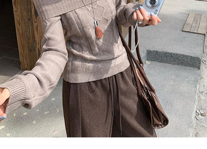 Off-Shoulder Cable Knit Pullover with Long Sleeves