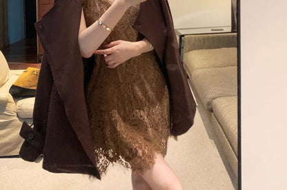 Round Neck Plain Double Breasted Trench Jacket / Spaghetti Strap V-Neck Lace A-Line Dress (Various Designs)