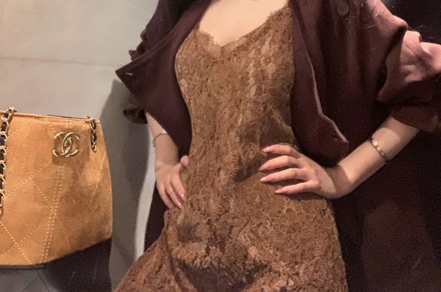Round Neck Plain Double Breasted Trench Jacket / Spaghetti Strap V-Neck Lace A-Line Dress (Various Designs)
