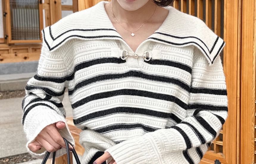 Striped Buckled Sweater with Collar