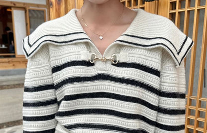Striped Buckled Sweater with Collar