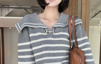 Striped Buckled Sweater with Collar