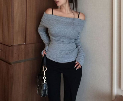 Off-Shoulder Solid Top with Long Sleeves