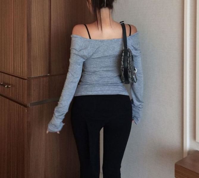 Off-Shoulder Solid Top with Long Sleeves