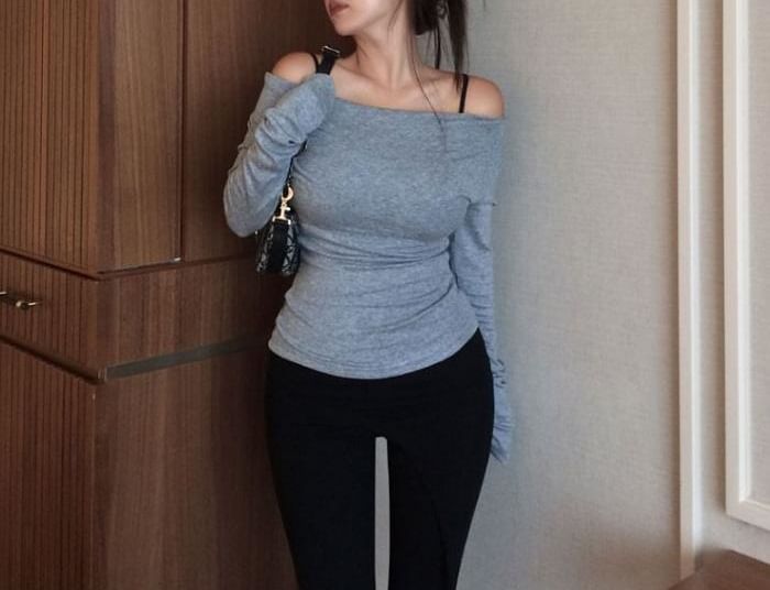 Off-Shoulder Solid Top with Long Sleeves