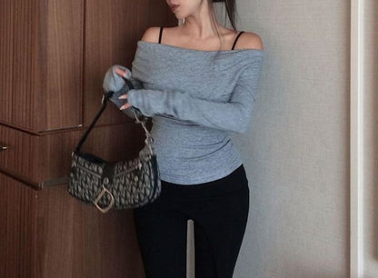 Off-Shoulder Solid Top with Long Sleeves