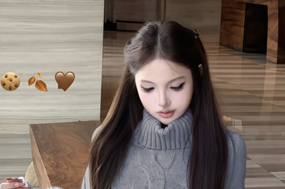 Cable Knit Cape Sweater with Fluffy Cuff & Turtleneck