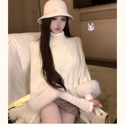 Cable Knit Cape Sweater with Fluffy Cuff & Turtleneck