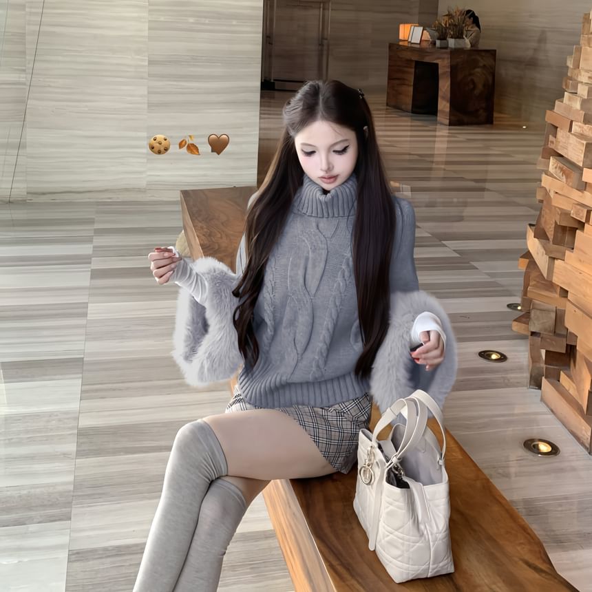 Cable Knit Cape Sweater with Fluffy Cuff & Turtleneck