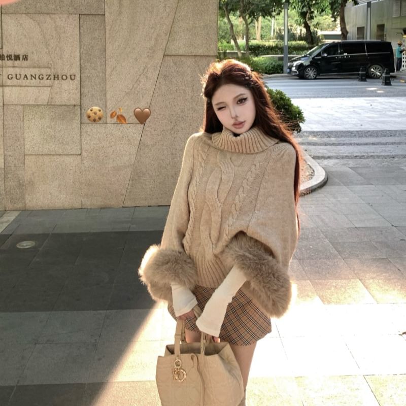 Cable Knit Cape Sweater with Fluffy Cuff & Turtleneck