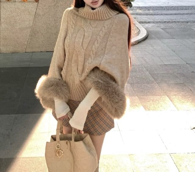 Cable Knit Cape Sweater with Fluffy Cuff & Turtleneck