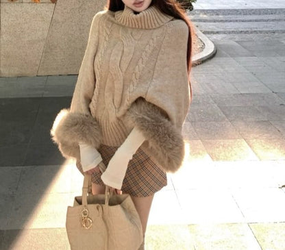 Cable Knit Cape Sweater with Fluffy Cuff & Turtleneck