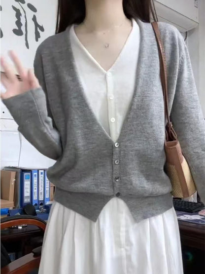 Mock Two-Piece Button Knit Top with V-Neck