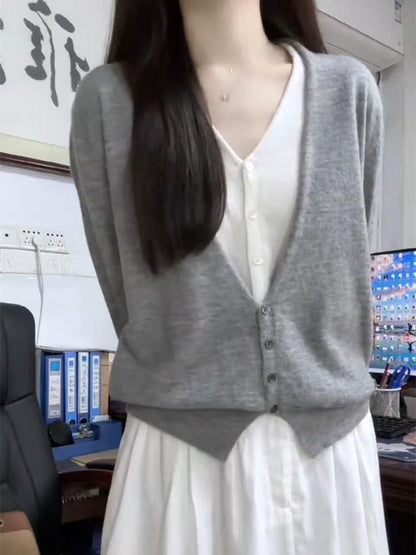 Mock Two-Piece Button Knit Top with V-Neck