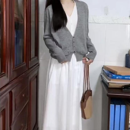 Mock Two-Piece Button Knit Top with V-Neck
