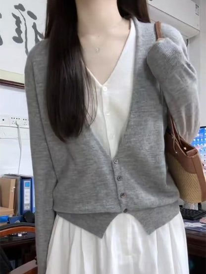 Mock Two-Piece Button Knit Top with V-Neck