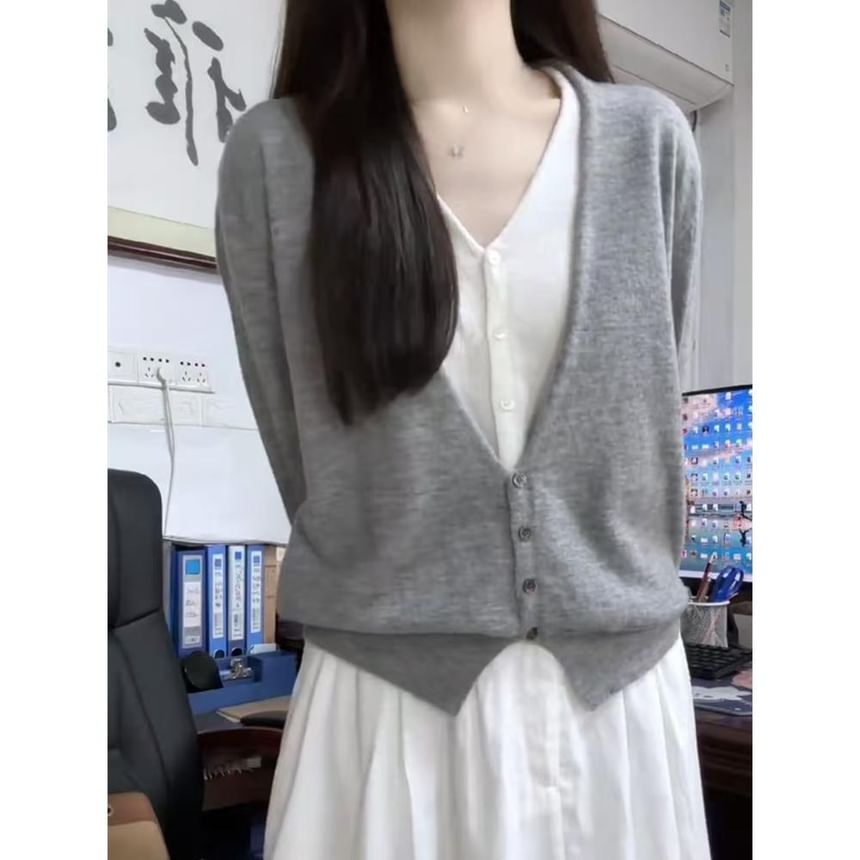 Mock Two-Piece Button Knit Top with V-Neck