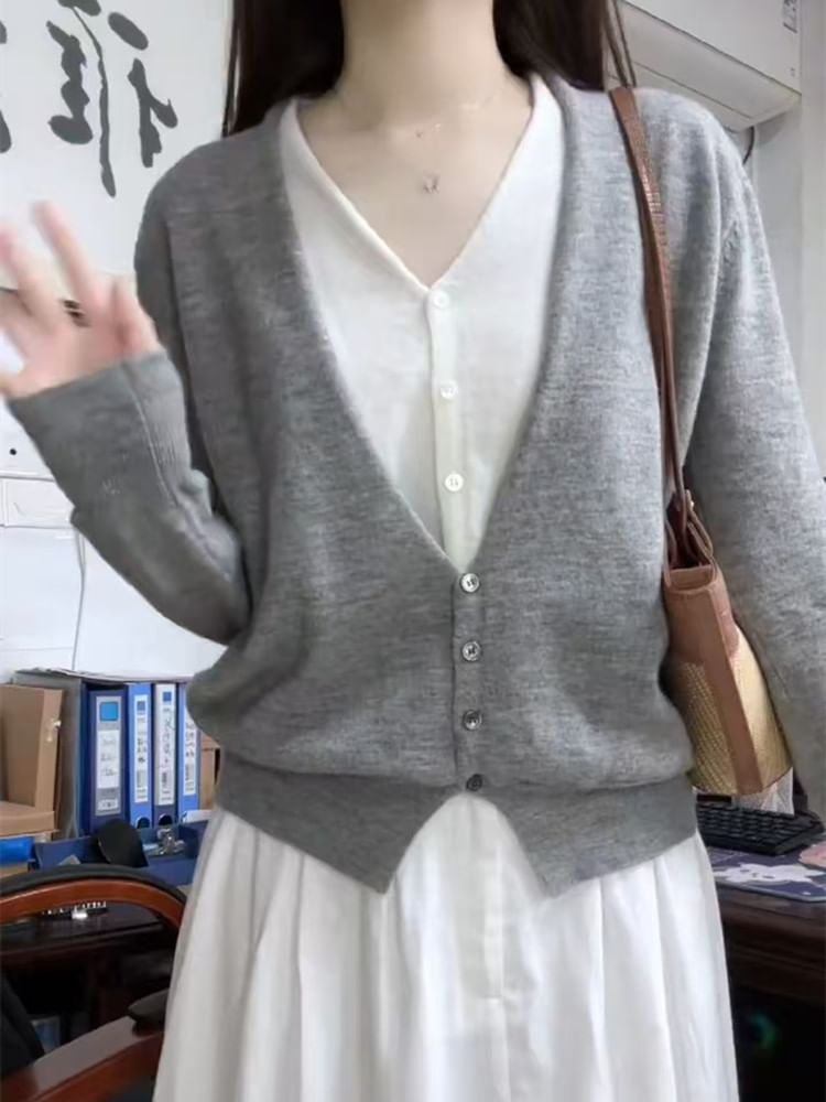 Mock Two-Piece Button Knit Top with V-Neck