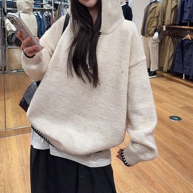 Contrast Trim Hooded Half-Zip Pullover