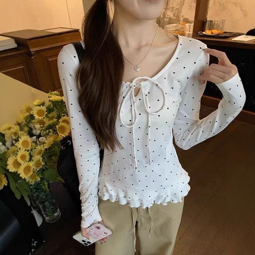 V-Neck Tie-Front Dotted Ruffle Hem Long Sleeve Top