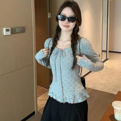 V-Neck Tie-Front Dotted Ruffle Hem Long Sleeve Top