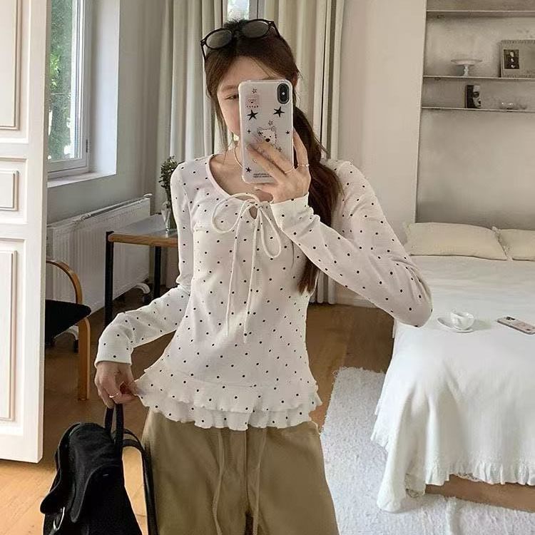 V-Neck Tie-Front Dotted Ruffle Hem Long Sleeve Top