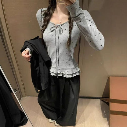 V-Neck Tie-Front Dotted Ruffle Hem Long Sleeve Top