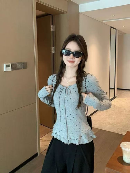 V-Neck Tie-Front Dotted Ruffle Hem Long Sleeve Top