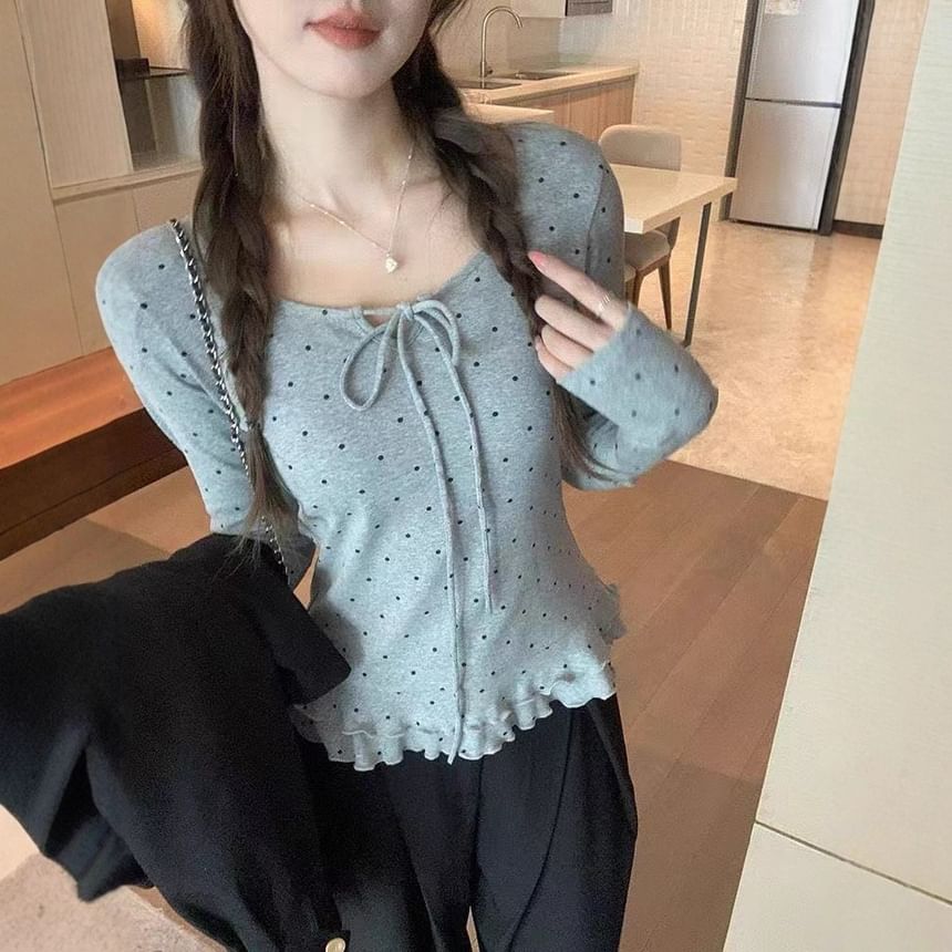 V-Neck Tie-Front Dotted Ruffle Hem Long Sleeve Top
