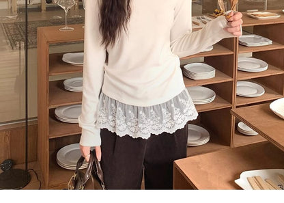 V-Neck Slim-Fit Tee with Lace Panels and Long Sleeves