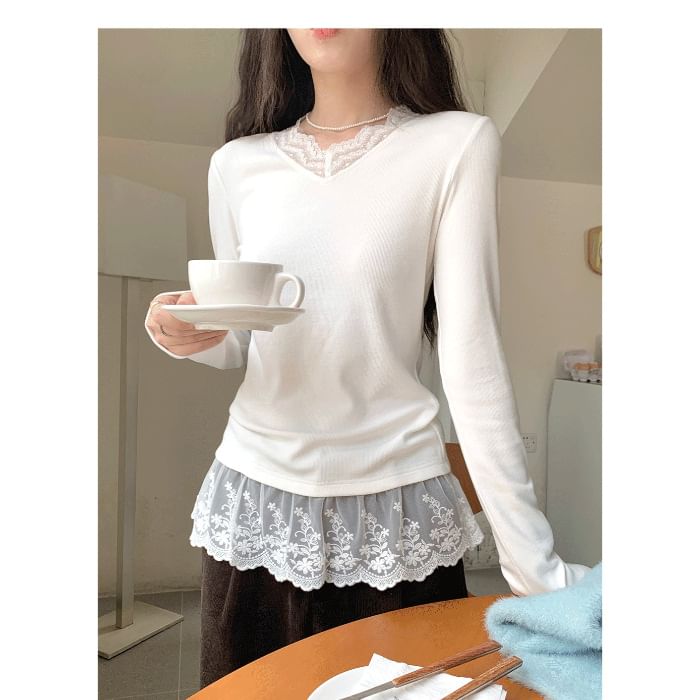 V-Neck Slim-Fit Tee with Lace Panels and Long Sleeves