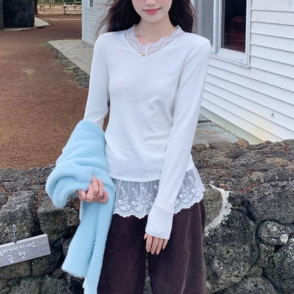 V-Neck Slim-Fit Tee with Lace Panels and Long Sleeves