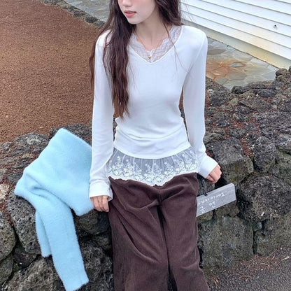 V-Neck Slim-Fit Tee with Lace Panels and Long Sleeves