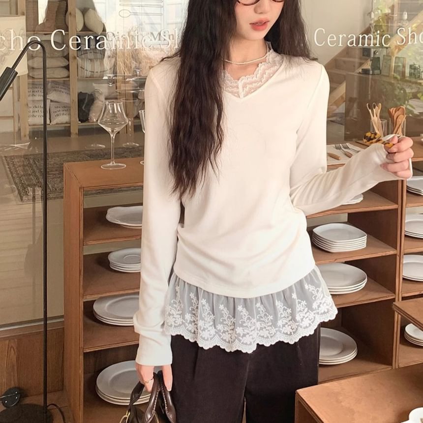 V-Neck Slim-Fit Tee with Lace Panels and Long Sleeves