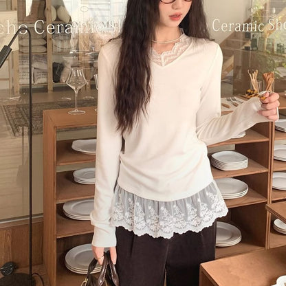 V-Neck Slim-Fit Tee with Lace Panels and Long Sleeves