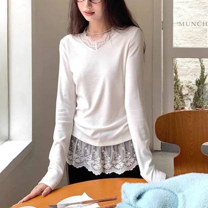 V-Neck Slim-Fit Tee with Lace Panels and Long Sleeves