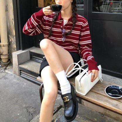 Striped Loose-Fit Polo Sweater with V-Neck
