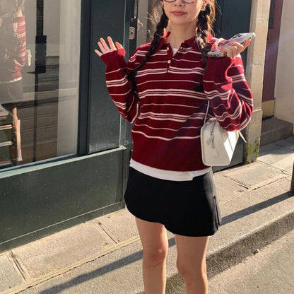Striped Loose-Fit Polo Sweater with V-Neck