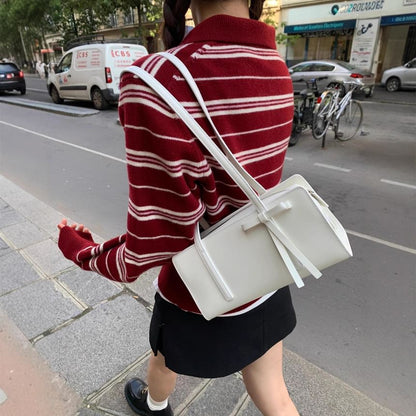 Striped Loose-Fit Polo Sweater with V-Neck